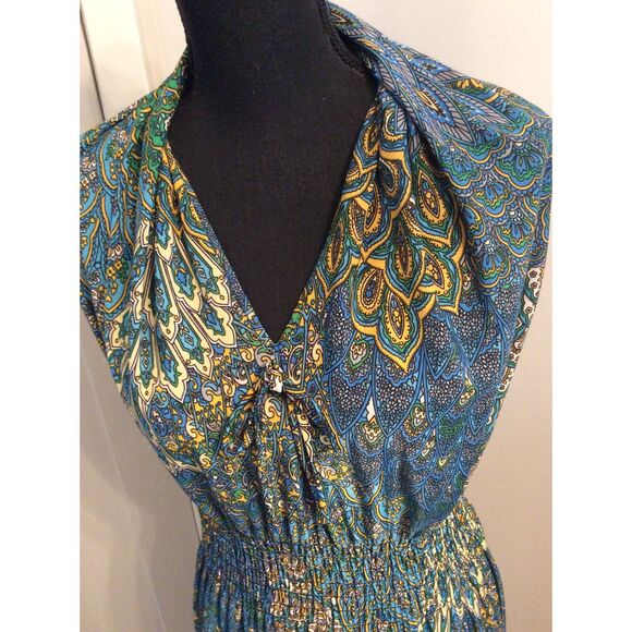 Seven Islands Plus size 1X Floral Peacock Dress Sleeveless Maxi Gathered Waist - Picture 4 of 8